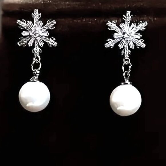 Earrings Snowflake Pearl Rhinestone Dangle Sparkle Ornaments Drop WInter Holiday - Picture 3 of 4